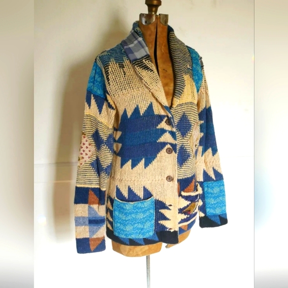 SOLD: Vintage Ralph Lauren Cardigan Patchwork Shawl Sweater Coat Quilt Sweater - Picture 3 of 10